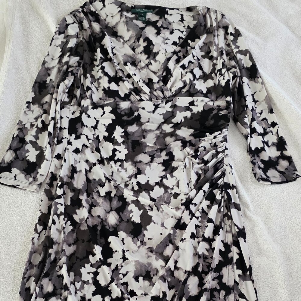 Lauren by Ralph Lauren green label faux wrap womens dress 14 watercolor pattern